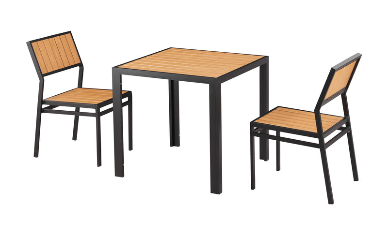 30'' x 30'' Outdoor Aluminum Table and 2 Armless Chairs with Imitation Teak Slats, Finish Natural