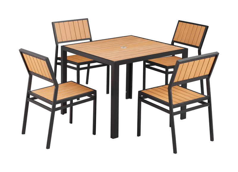 36''x 36'' Outdoor Aluminum Table and 4 Armless Chairs with Imitation Teak Slats, Finish Natural