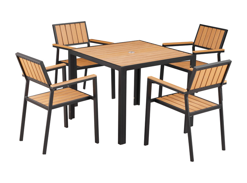 36'' x 36'' Outdoor Aluminum Table and 4 Chairs with Imitation Teak Slats, Finish Natural