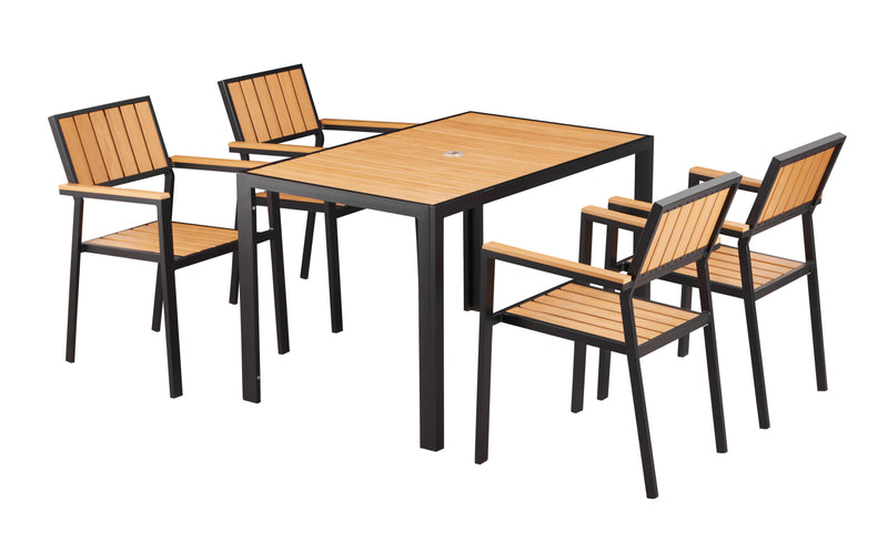 30'' x 48'' Outdoor Aluminum Table and 4 Chairs with Imitation Teak Slats, Finish Natural