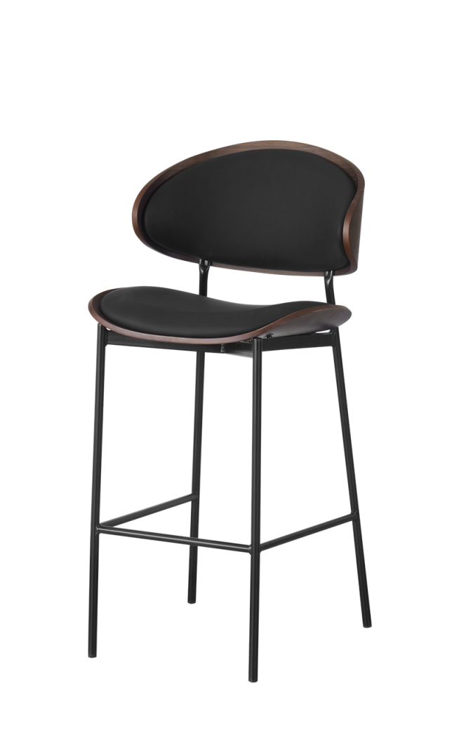 Indoor Barstool with Black Vinyl and Veneer Seat, Metal Frame Finish Black