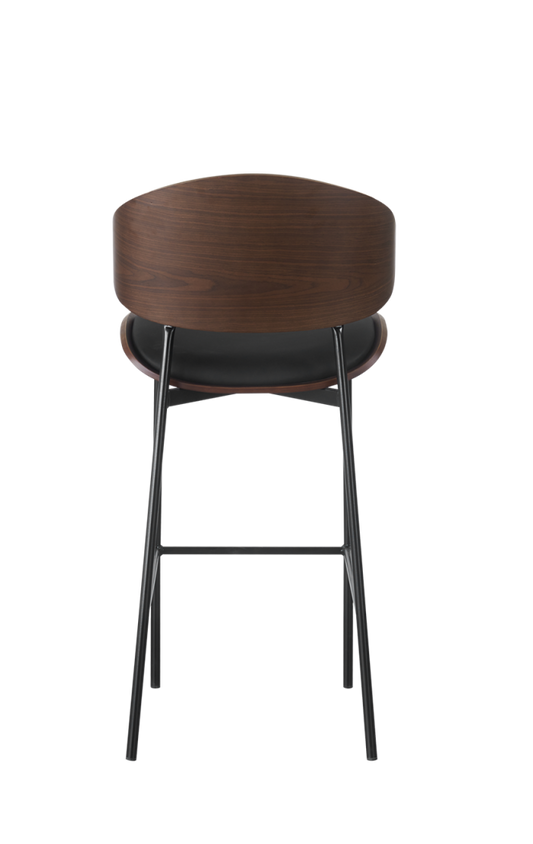 Indoor Barstool with Black Vinyl and Veneer Seat, Metal Frame Finish Black