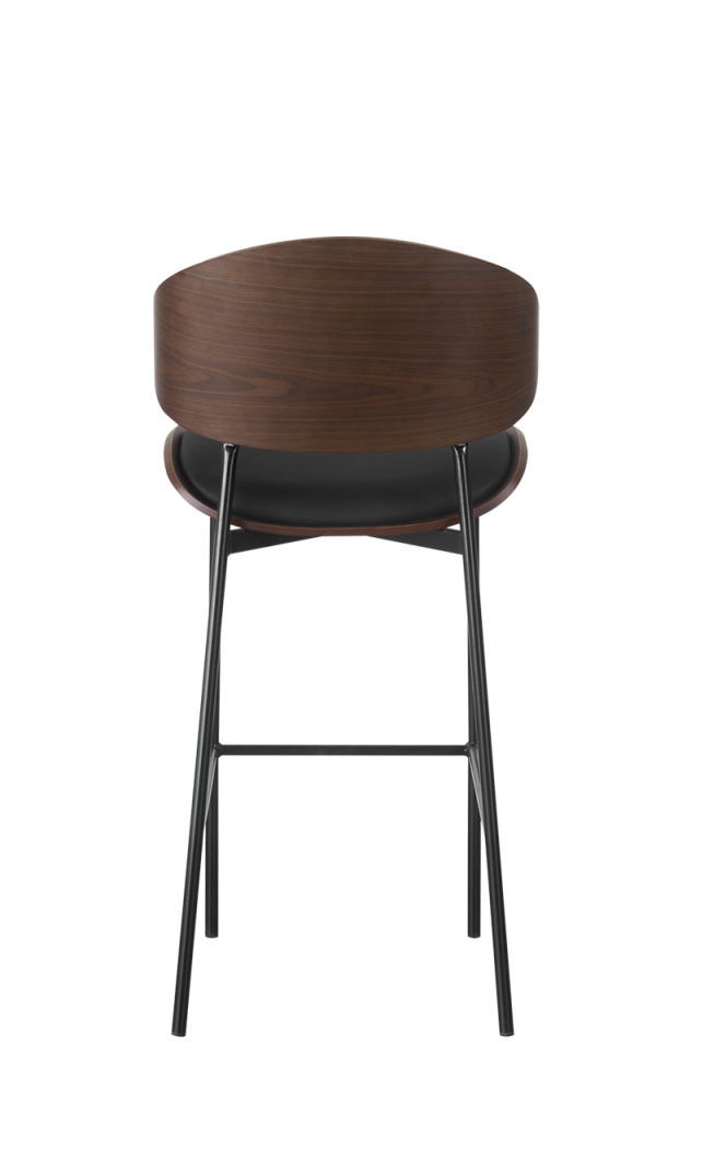 Indoor Barstool with Black Vinyl and Veneer Seat, Metal Frame Finish Black