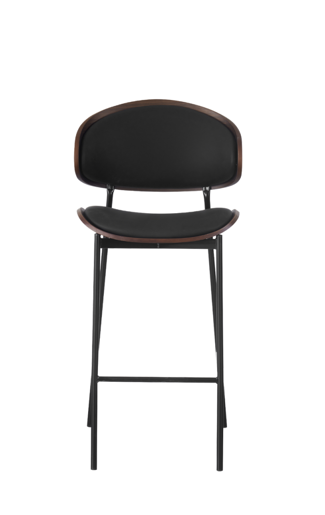 Indoor Barstool with Black Vinyl and Veneer Seat, Metal Frame Finish Black