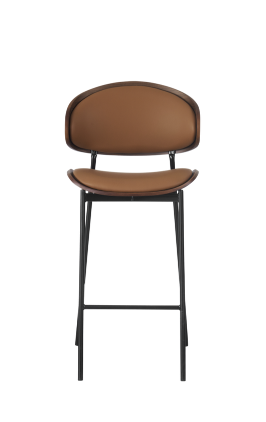 Indoor Barstool with Brown Vinyl and Veneer Seat, Metal Frame Finish Black