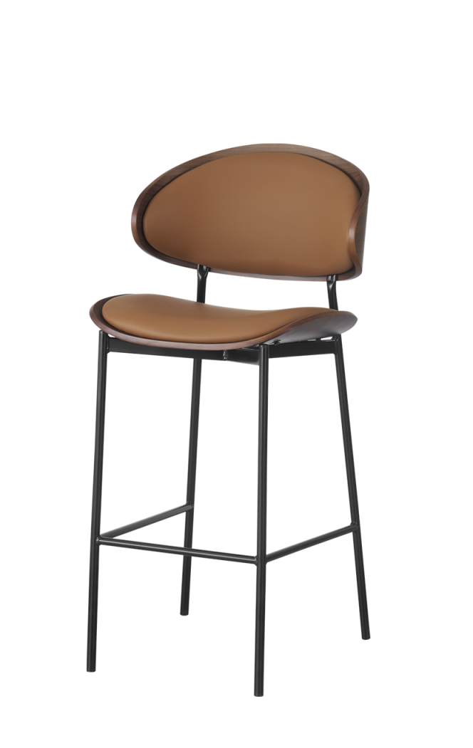 Indoor Barstool with Brown Vinyl and Veneer Seat, Metal Frame Finish Black