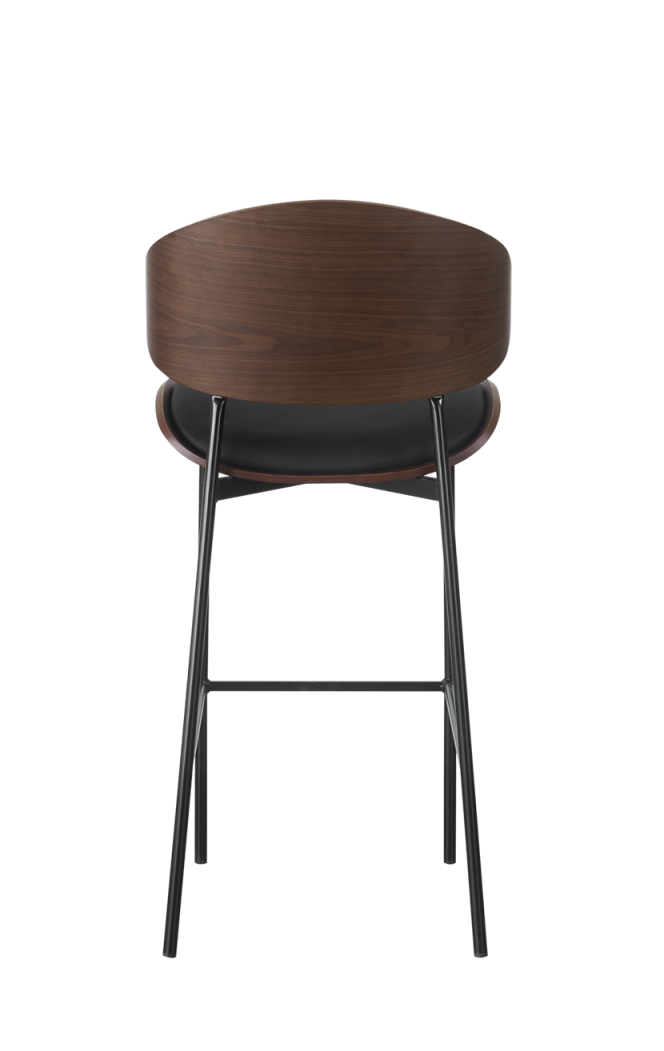Indoor Barstool with Brown Vinyl and Veneer Seat, Metal Frame Finish Black