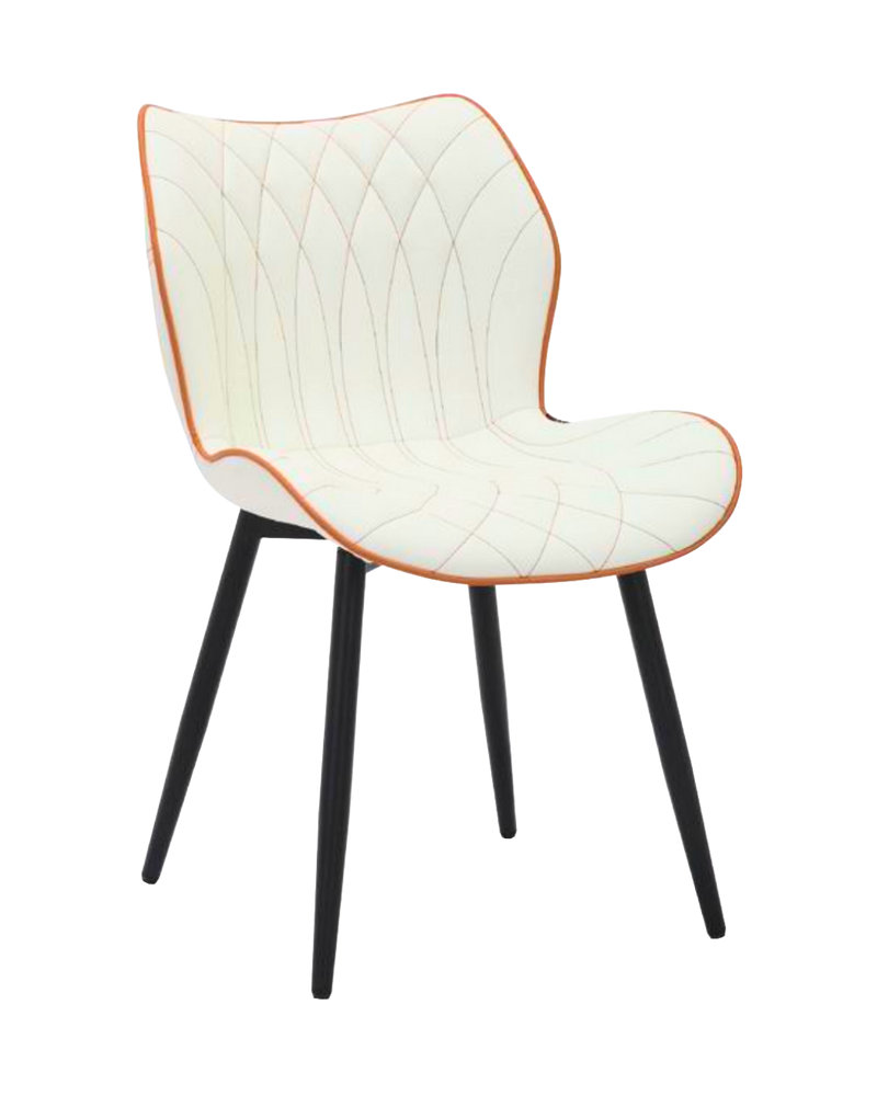 Indoor modern white chair with unique pattern, orange trim, and black legs