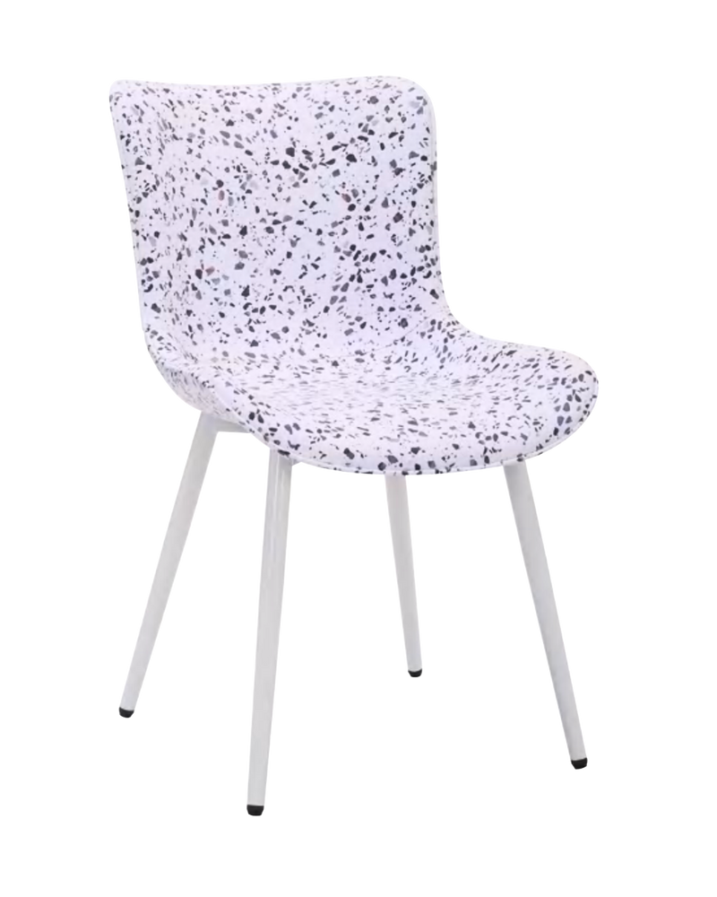 Indoor modern white chair with speckled pattern and white legs