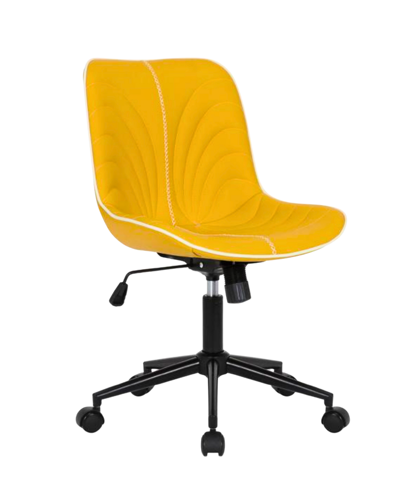 Indoor modern yellow chair with white trim, unique pattern, and black legs
