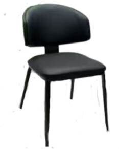 black metal chair with  oval upholstery back and padded seat