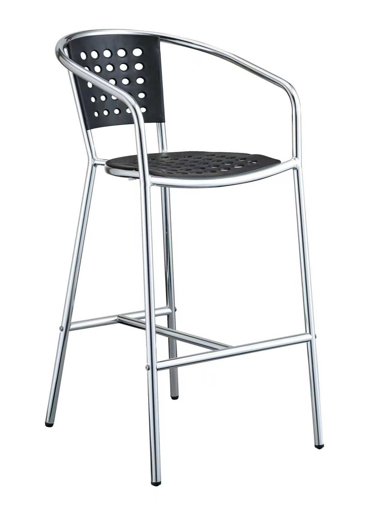 Outdoor Silver Aluminum Barstool with Black Resin Seat and Back