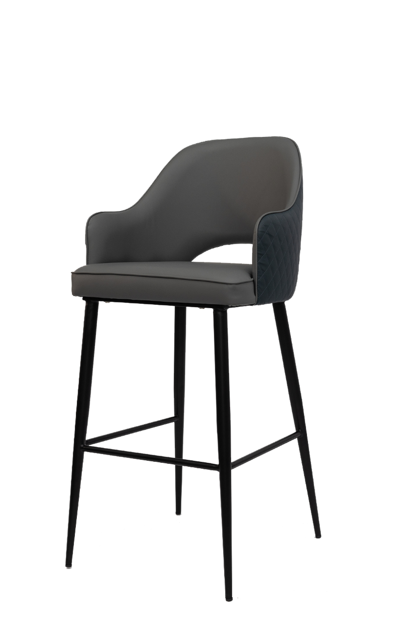 Black Steel Barstool With Gray Vinyl Seat and Back