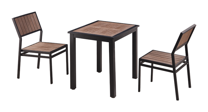 24'' x 24'' Outdoor Aluminum Table and 2 Armless Chairs Finish Black with Imitation Teak Slats