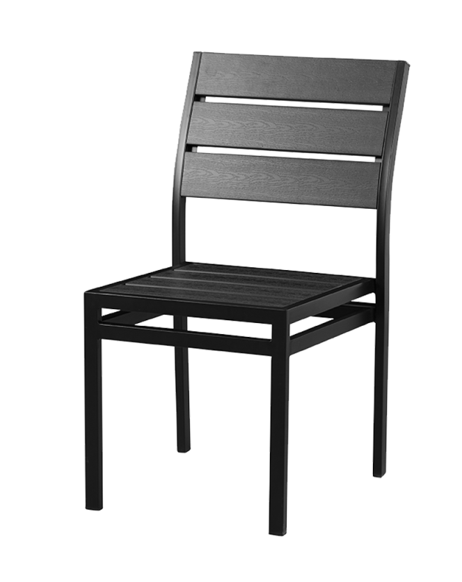 Outdoor Armless Black Steel Chair with Black Imitation Teak Slats