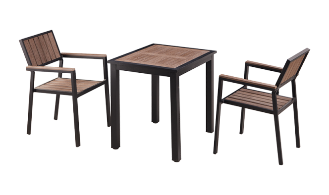 24'' x 24'' Outdoor Aluminum Table and 2 Chairs Finish Black with Imitation Teak Slats