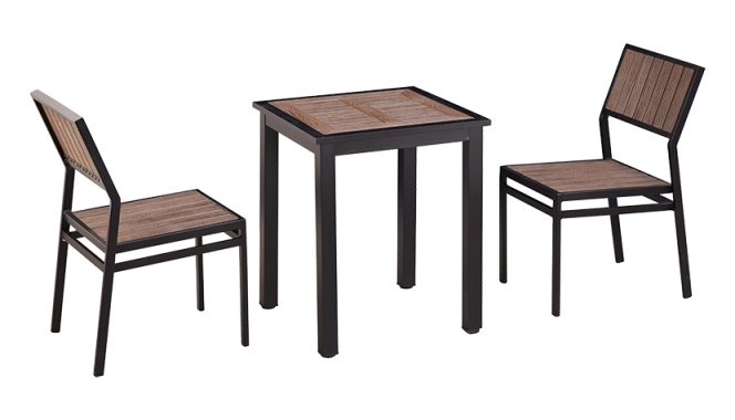 24'' x 30'' Outdoor Aluminum Table and 2 Armless Chairs Finish Black with Imitation Teak Slats