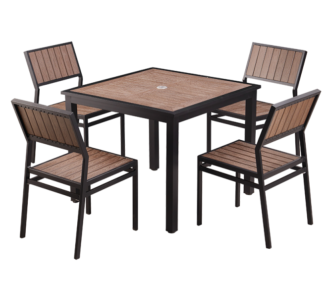 36'' x 36'' Outdoor Aluminum Table and 4 Armless Chairs Finish Black with Imitation Teak Slats