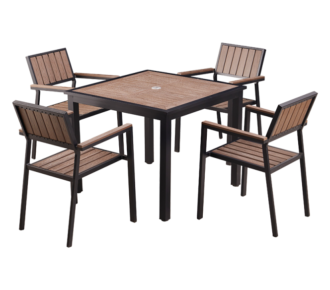 36''x 36'' Outdoor Aluminum Table and 4 Chairs Finish Black with Imitation Teak Slats