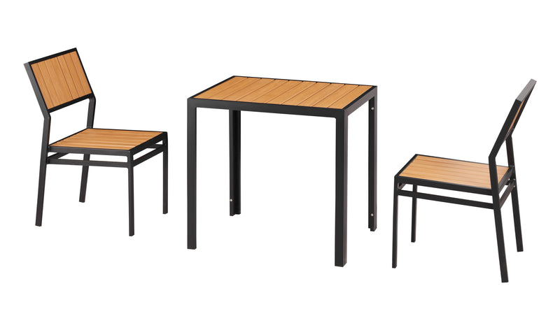 24'' x 30'' Outdoor Aluminum Table and 2 Armless Chairs with Imitation Teak Slats, Finish Natural