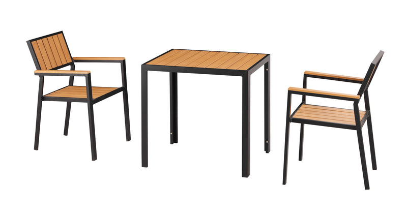 24'' x 30'' Outdoor Aluminum Table and 2 Chairs with Imitation Teak Slats, Finish Natural