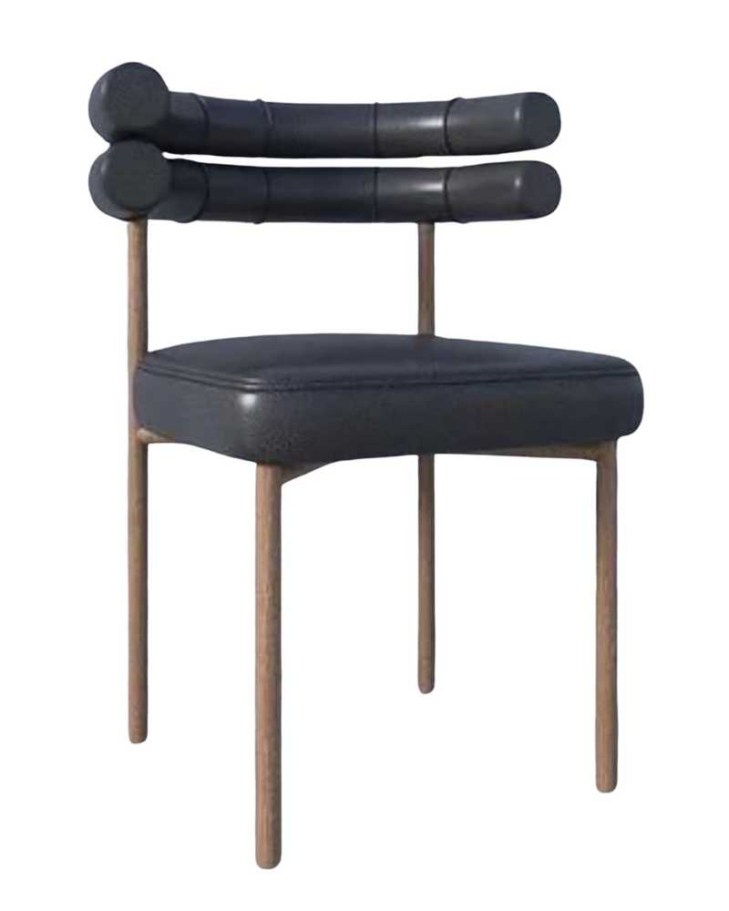 indoor wood chair with curved backrest and black upholstered seat