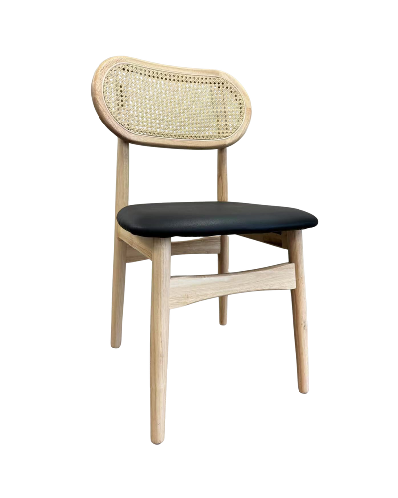 Rubber Wood Chair with PE Rattan Back, Black Seat, Finish Natural,