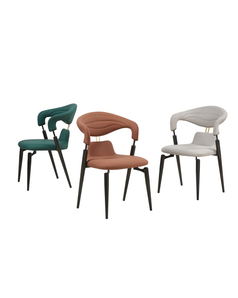 Dining Chair with Brown Upholstered Seat, Curved Backrest, and black Metal Frame for Indoor Use