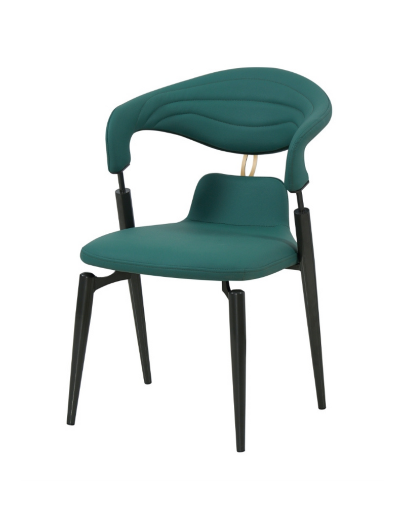 Dining Chair with Green Upholstered Seat, Curved Backrest, and black Metal Frame for Indoor Use