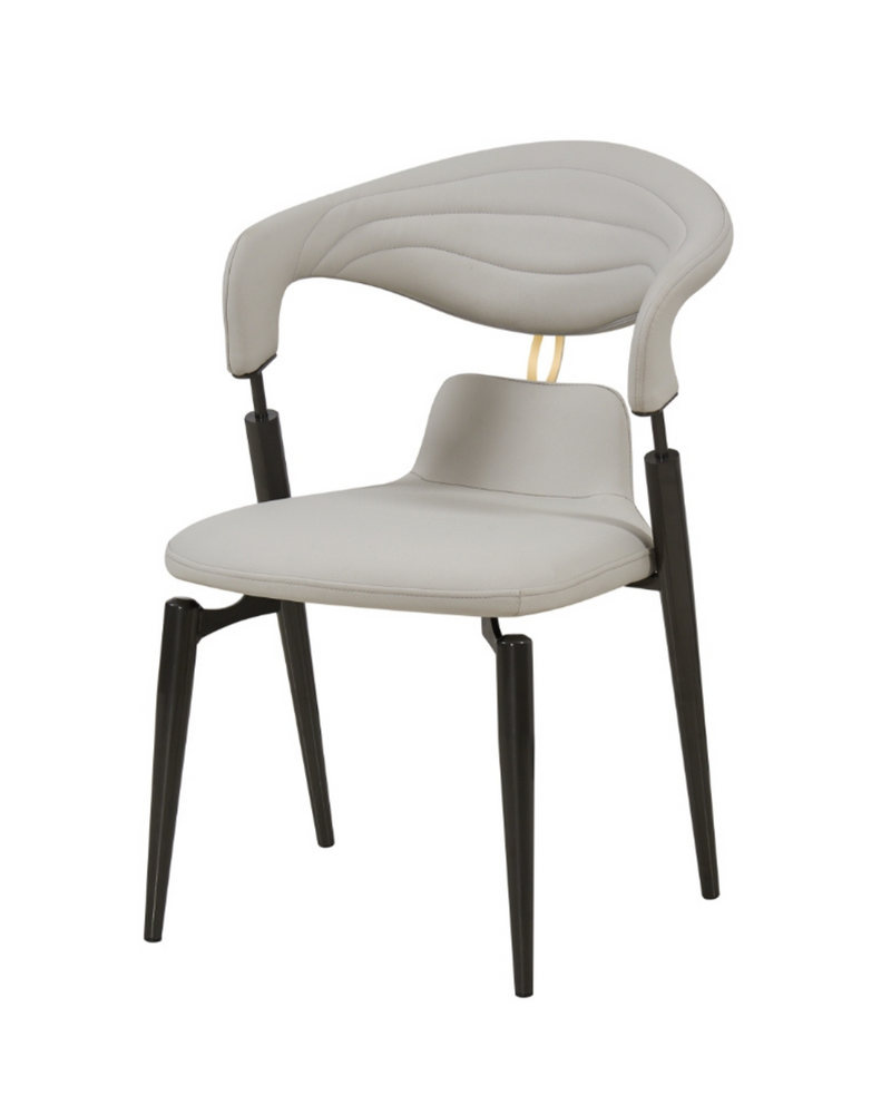 Dining Chair with Grey Upholstered Seat, Curved Backrest, and black Metal Frame for Indoor Use