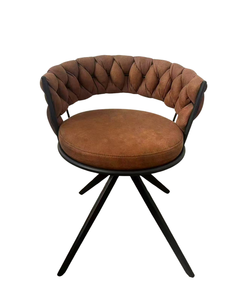 Brown chair with black legs and diamond pattern