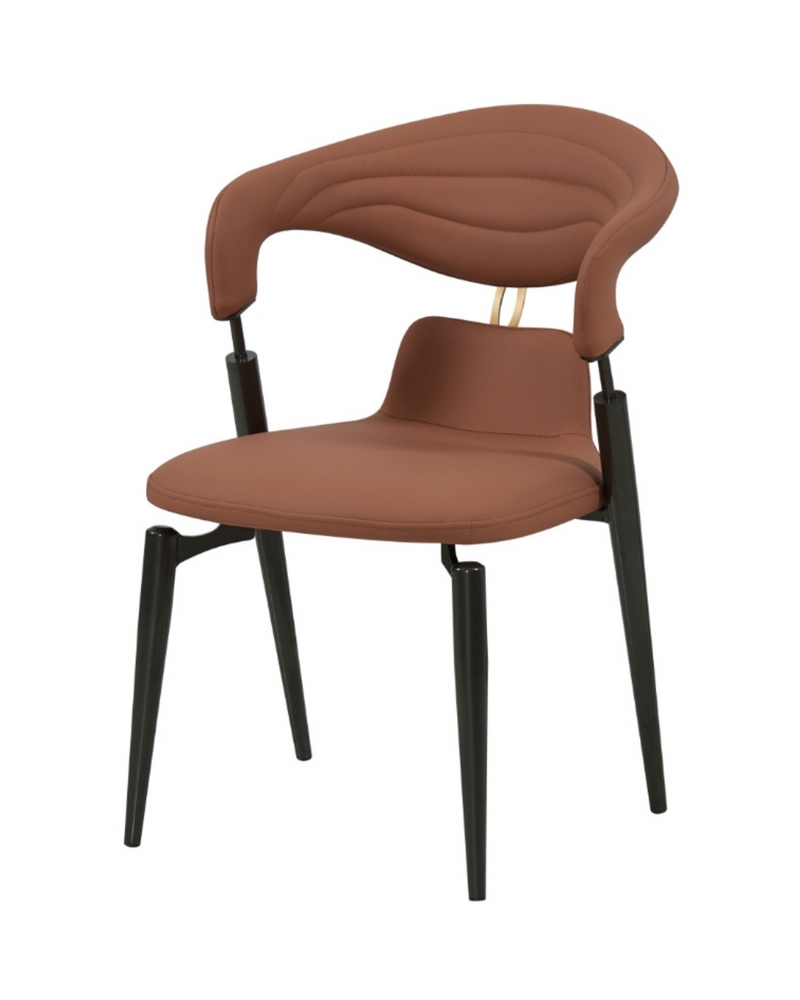 Dining Chair with Brown Upholstered Seat, Curved Backrest, and black Metal Frame for Indoor Use