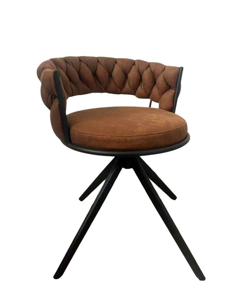 Brown chair with black legs and diamond pattern