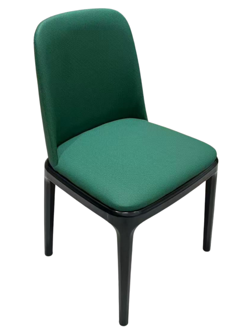 black metal chair with green vinyl back and seat