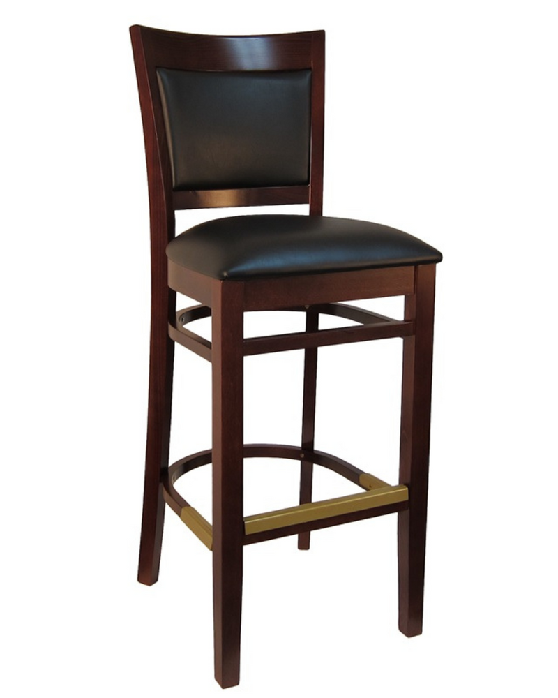 Dark Walnut Wood Barstool with Black Vinyl Seat & Back
