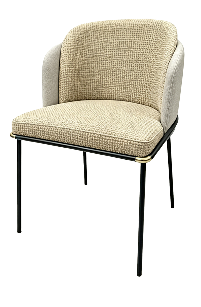 Indoor Black Metal Chair W/ Beige Fabric Seat and Vinyl Back