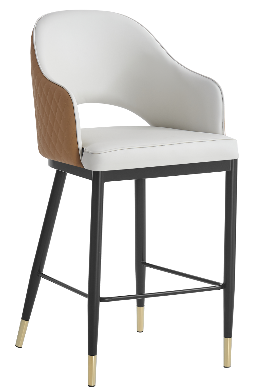 Black Steel Barstool With White Vinyl Seat and Brown Back