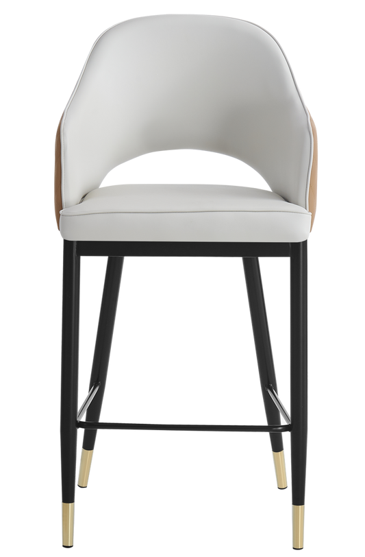 Black Steel Barstool With White Vinyl Seat and Brown Back