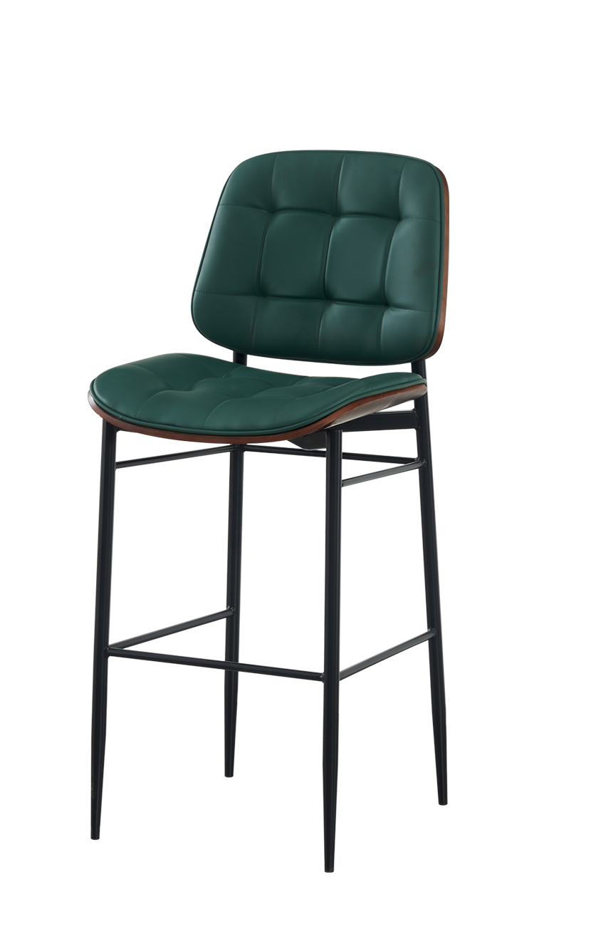 Indoor Barstool with Green Vinyl and Veneer Seat, Metal Frame Finish Black