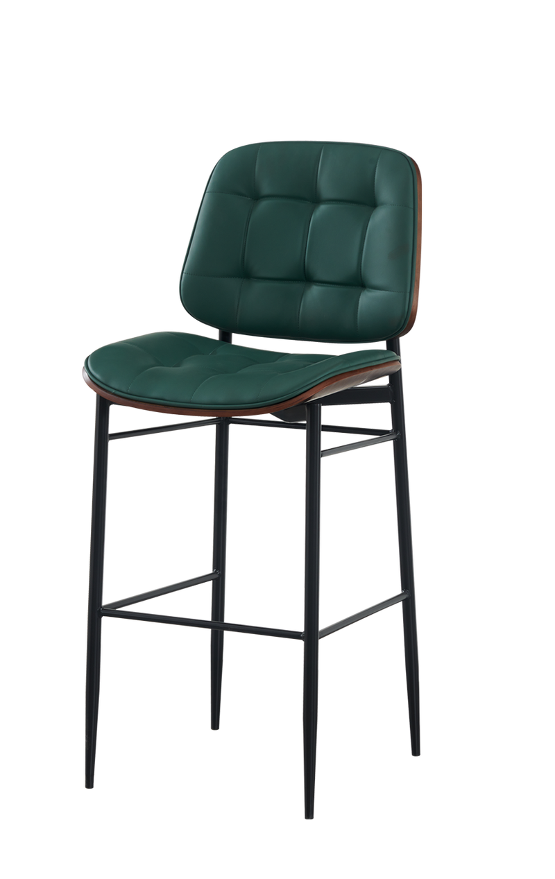Indoor Barstool with Green Vinyl and Veneer Seat, Metal Frame Finish Black