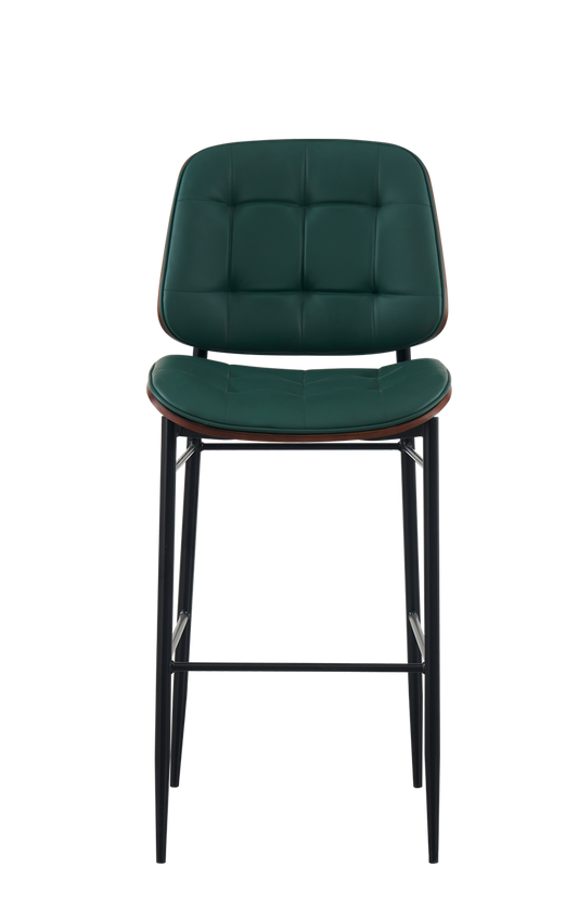 Indoor Barstool with Green Vinyl and Veneer Seat, Metal Frame Finish Black