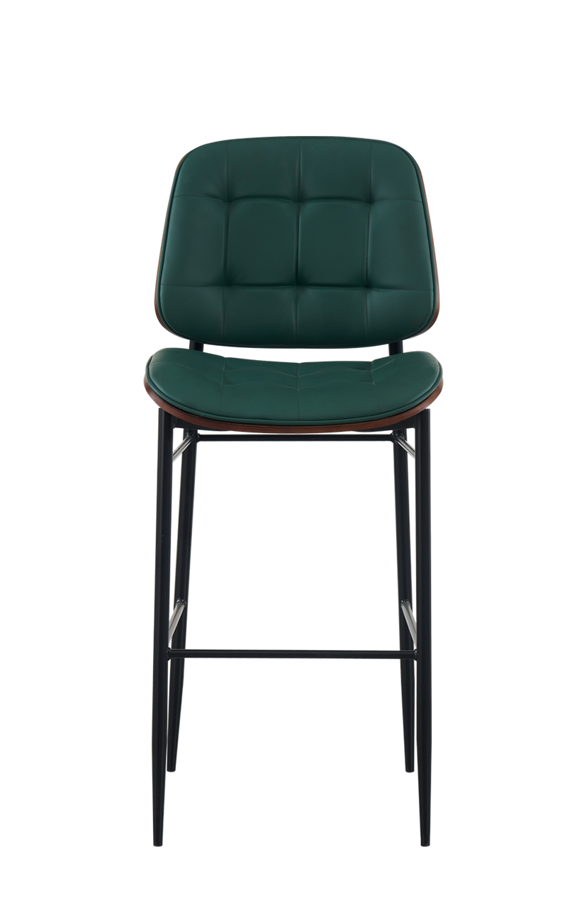 Indoor Barstool with Green Vinyl and Veneer Seat, Metal Frame Finish Black
