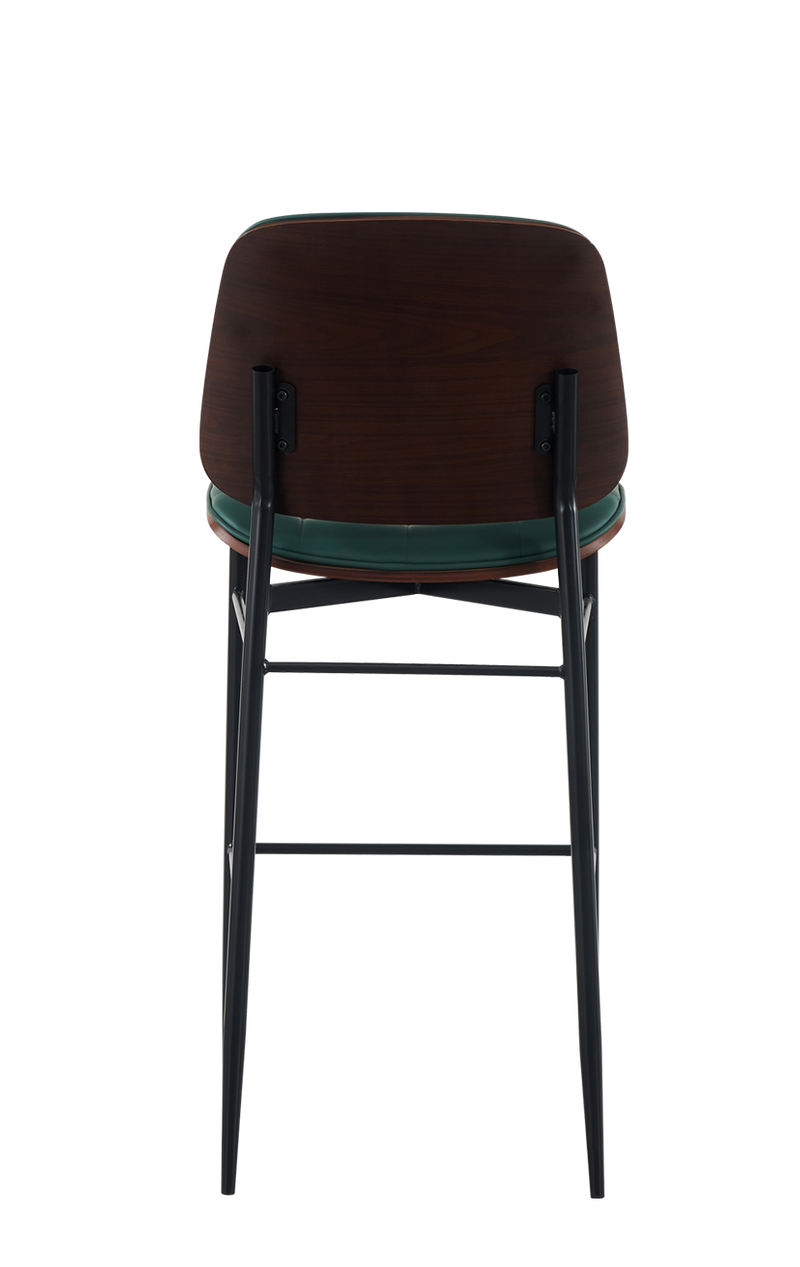 Indoor Barstool with Green Vinyl and Veneer Seat, Metal Frame Finish Black