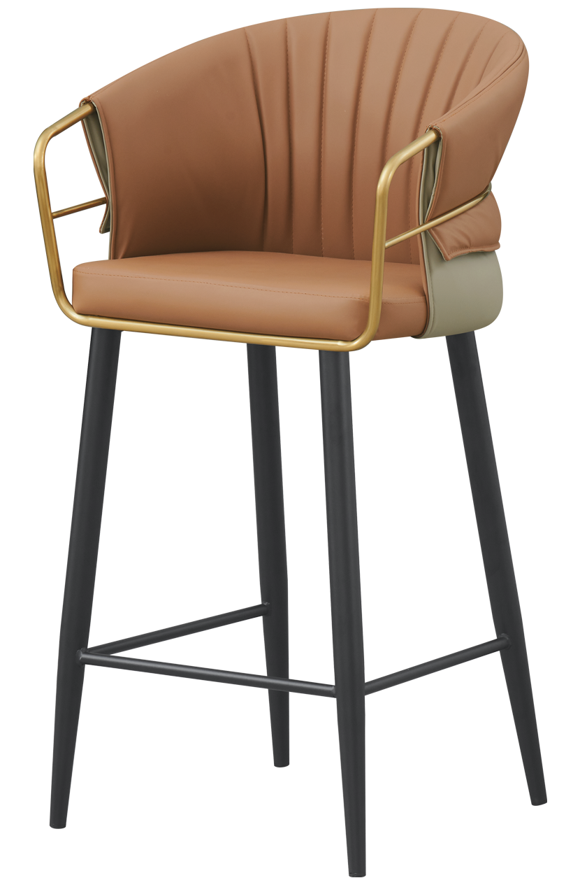 Golden Metal Arm and Black Frame Barstool w/ Brown Vinyl Seat & Back