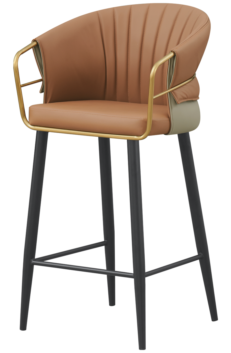 Golden Metal Arm and Black Frame Barstool w/ Brown Vinyl Seat & Back