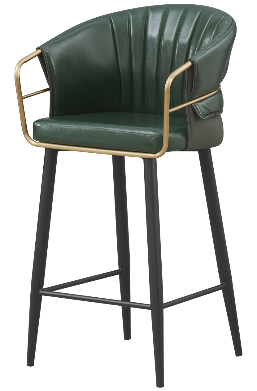 Golden Metal Arm and Black Frame Barstool w/ Green Vinyl Seat & Back
