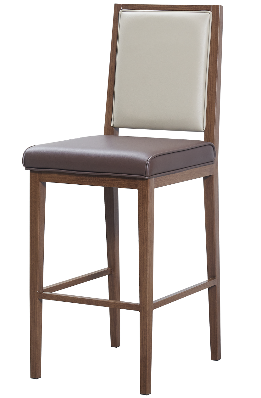Indoor Metal Barstool W/ Brown Vinyl Seat, Finish Walnut Frame