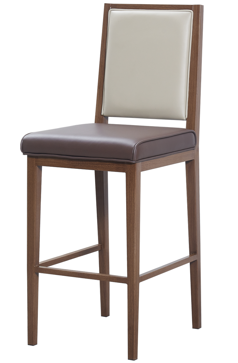 Indoor Metal Barstool W/ Brown Vinyl Seat, Finish Walnut Frame
