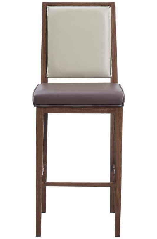Indoor Metal Barstool W/ Brown Vinyl Seat, Finish Walnut Frame