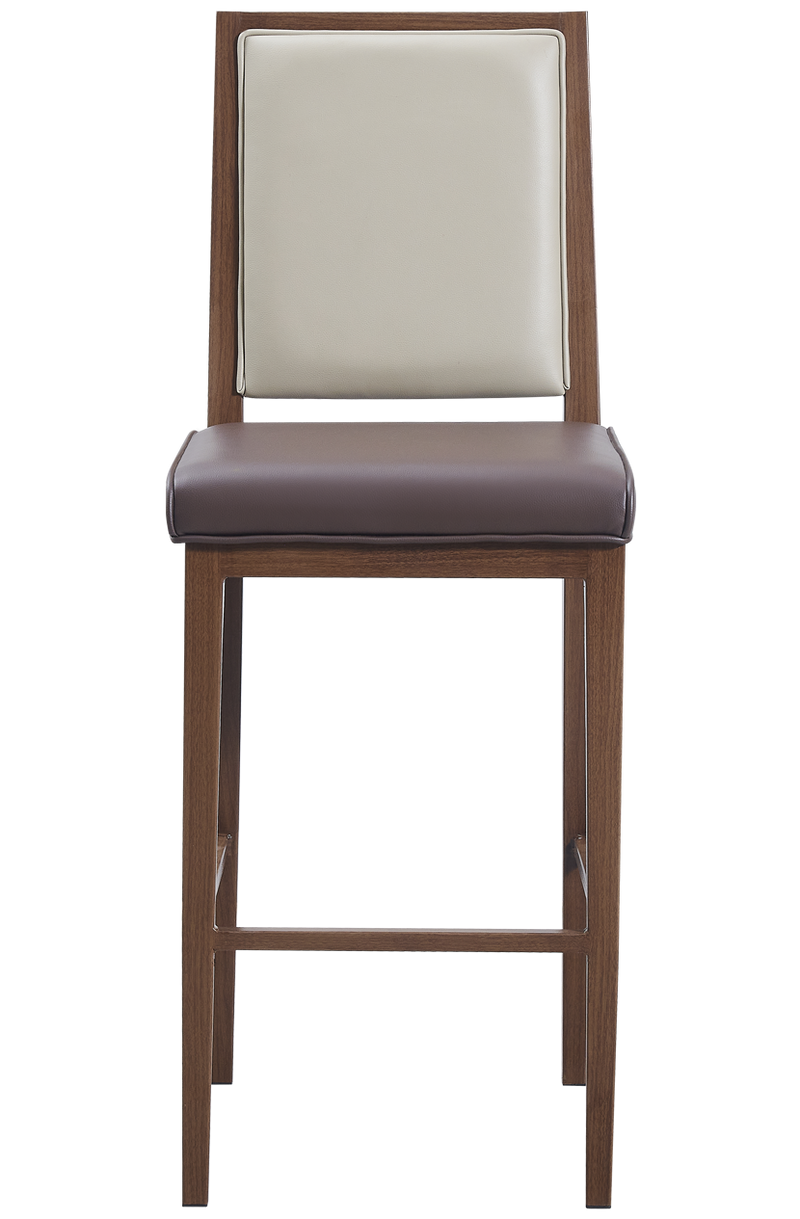 Indoor Metal Barstool W/ Brown Vinyl Seat, Finish Walnut Frame